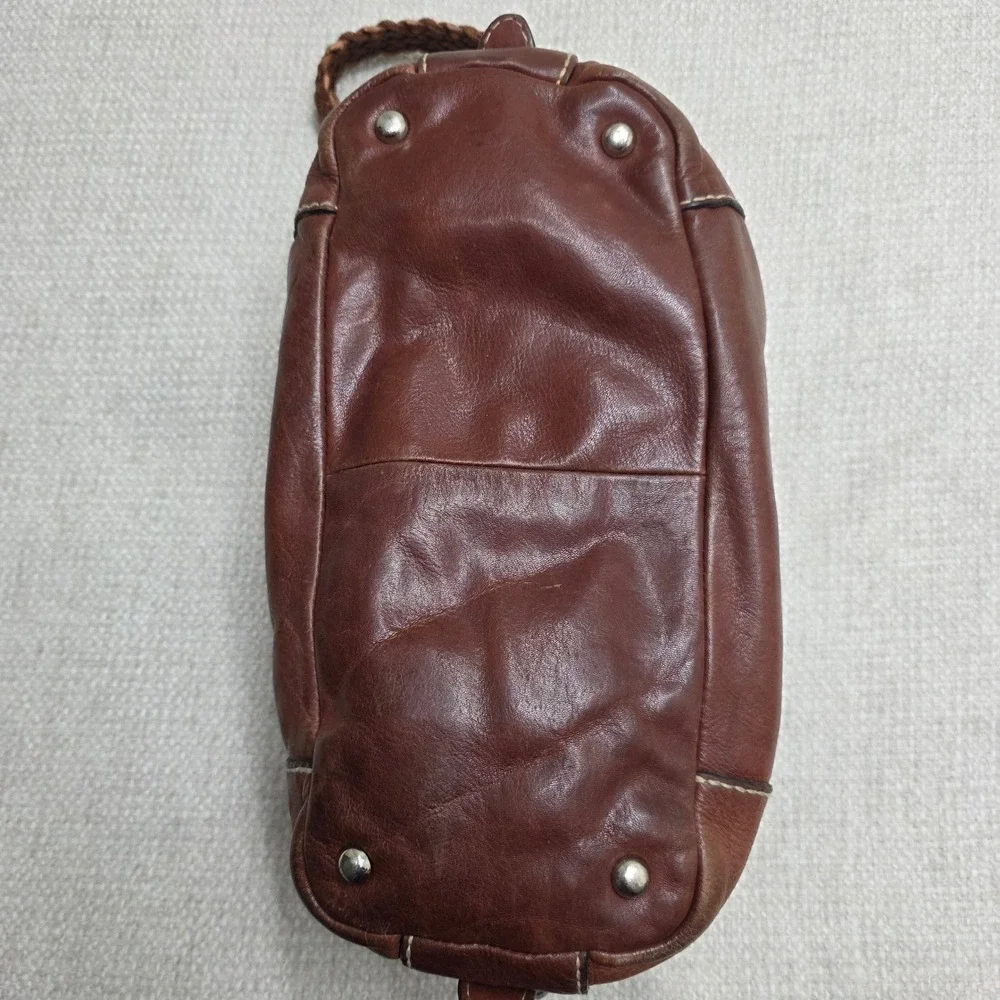 Cognac Brown Leather Hobo Fossil Satchel Braided Strap Contrast Stitching Purse - Picture 7 of 10